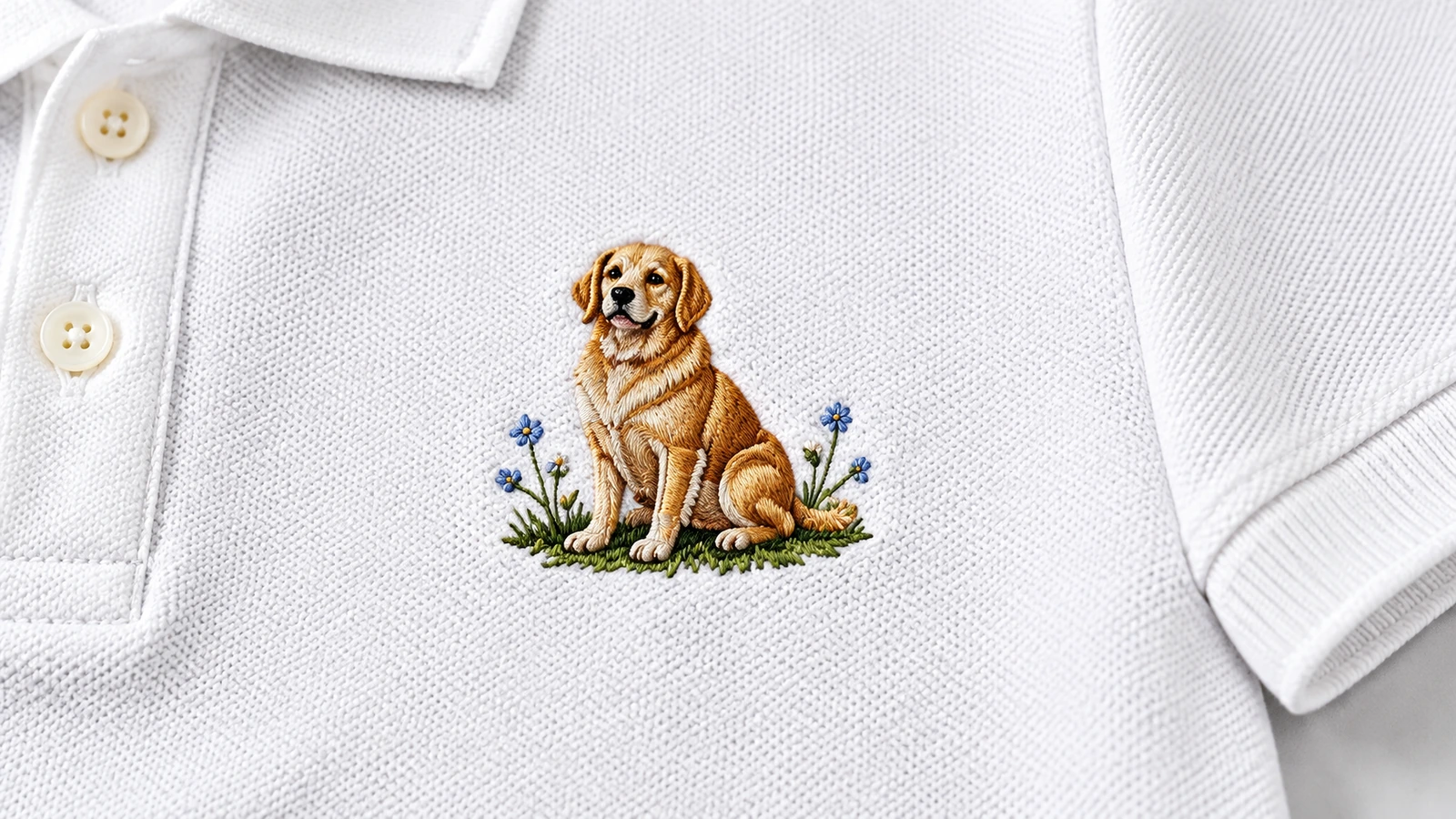 Dokulu beyaz kumaş üzerinde köpek nakışı Beyaz dokulu polo kumaşı üzerinde küçük çiçekli köpek nakışının yakın çekimi