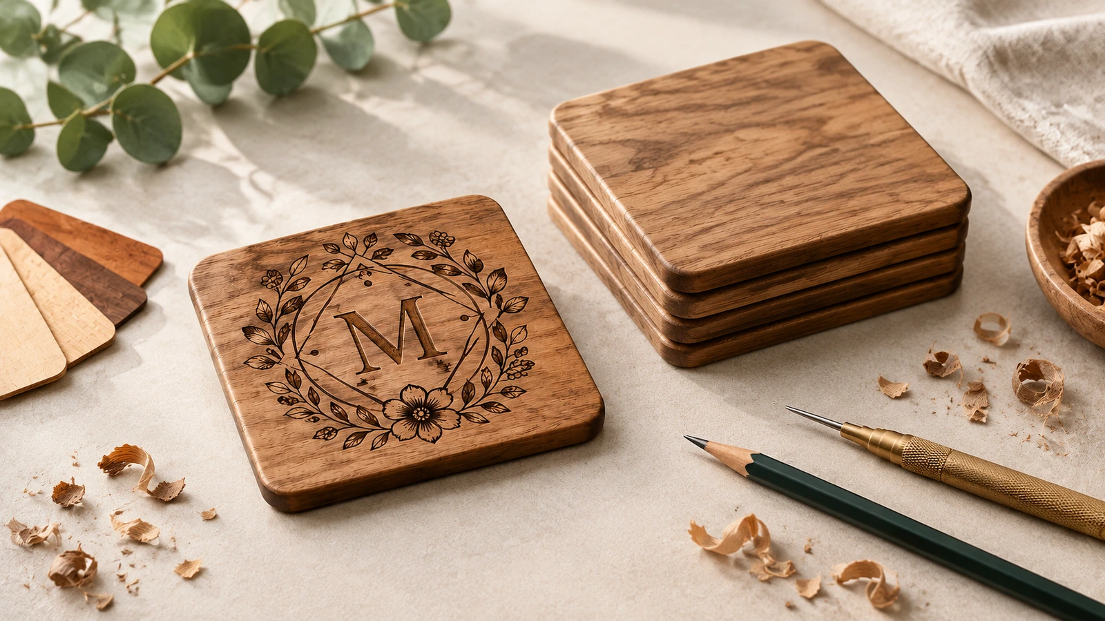 Ahşap bardak altlığı ve el sanatları malzemeleri Monogramlı kare ahşap bardak altlığı; yanında düz bardak altlıkları yığını, ahşap numuneleri ve el sanatları araçları