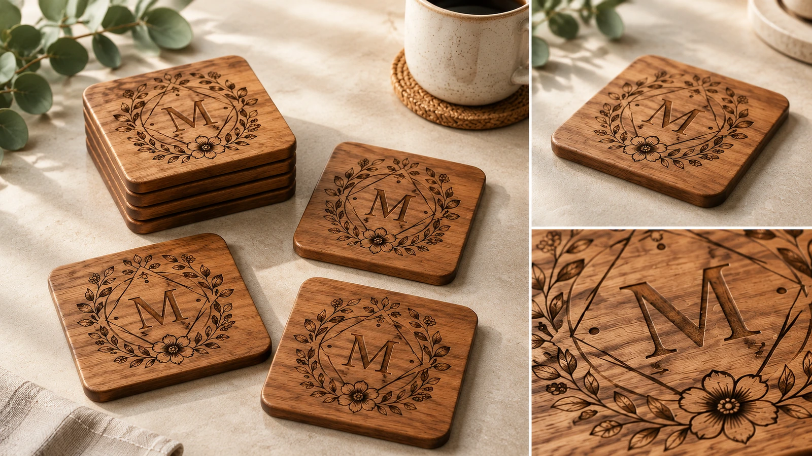 Ahşap bardak altlığı seti ve gravür detayı Yığılmış ve tek tek monogramlı ahşap bardak altlıklarından oluşan kolaj, gravürün yakın çekimiyle birlikte