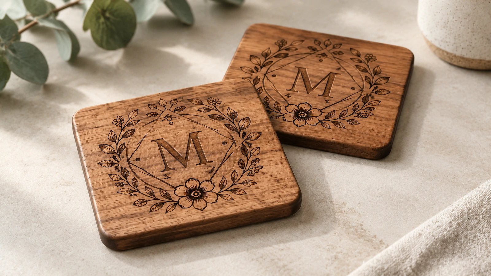 Monogramlı ahşap bardak altlıklarından bir çift Keten bir yüzey üzerinde çiçek motifli monogramla gravürlenmiş iki kare ahşap bardak altlığı