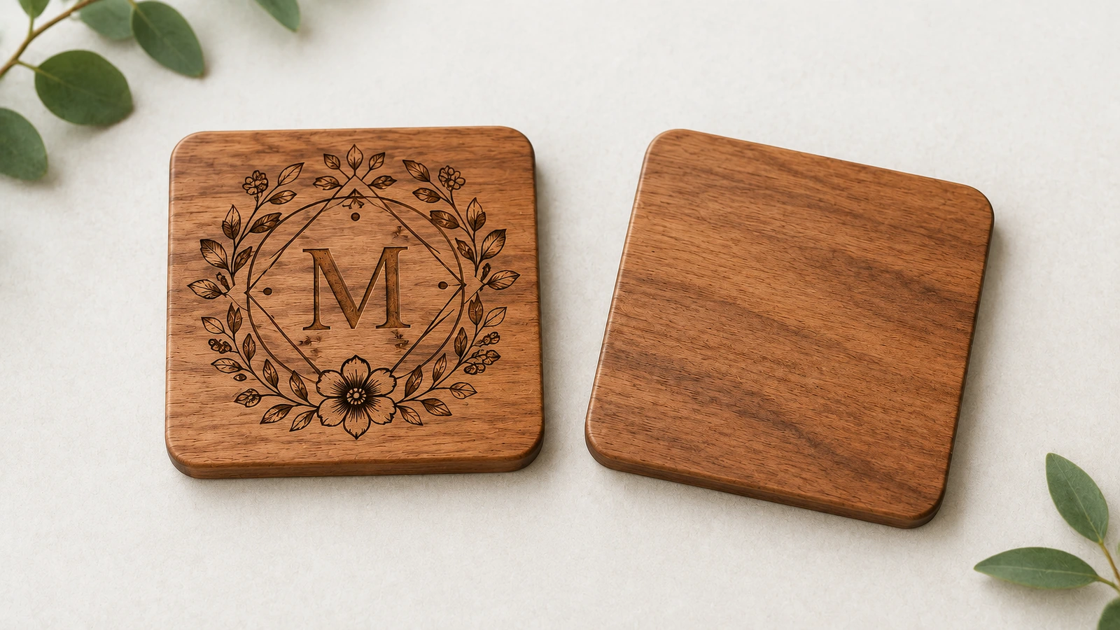 Gravürlü ve düz ahşap bardak altlıkları İki kare ahşap bardak altlığı; biri çiçek motifli monogramlı, diğeri düz