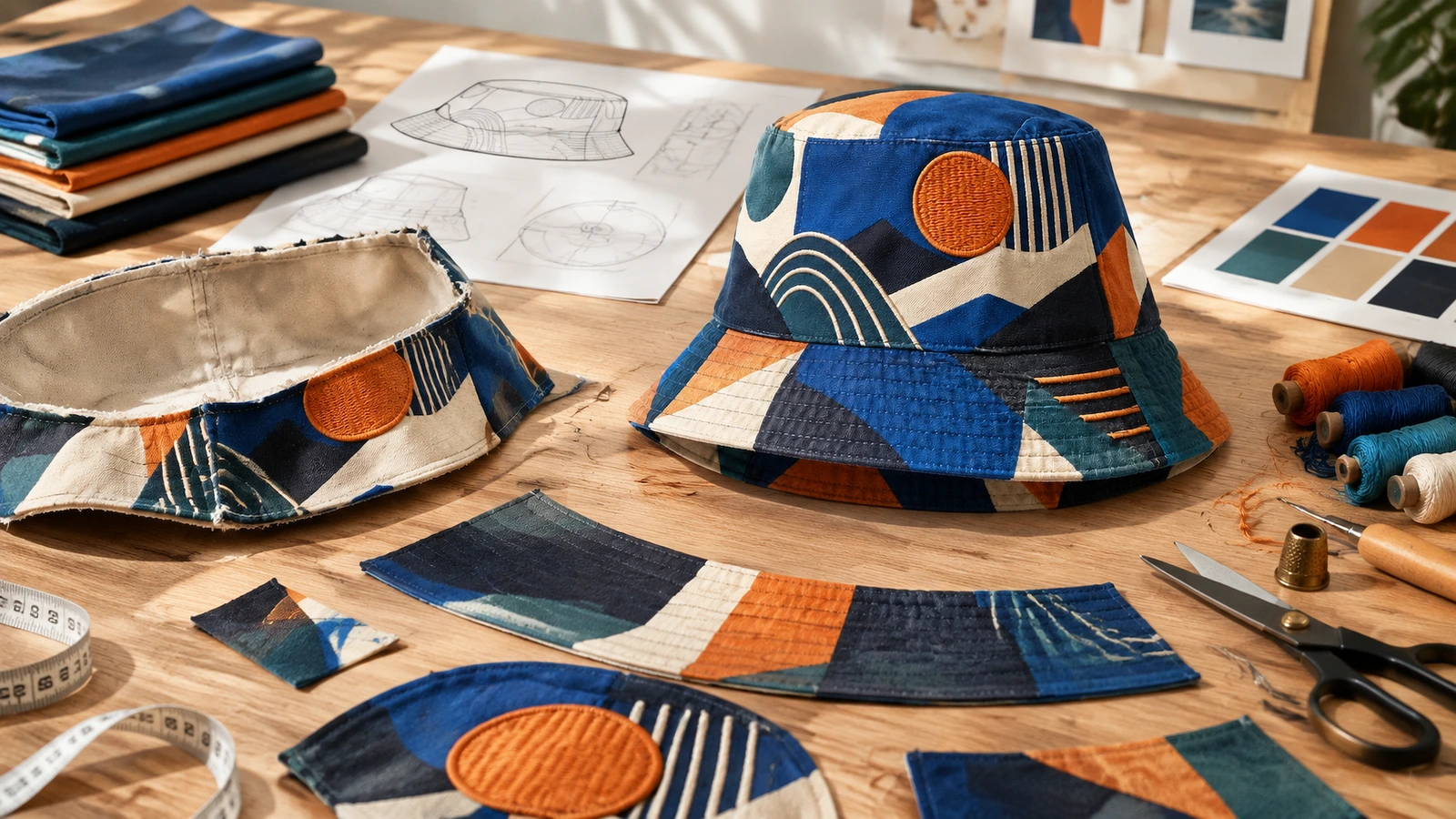 Bucket şapka tasarımı ve dikiş malzemeleri İplik, çizimler ve renk örnekleriyle yan yana geometrik desenli bucket şapkalar ve kumaş parçaları