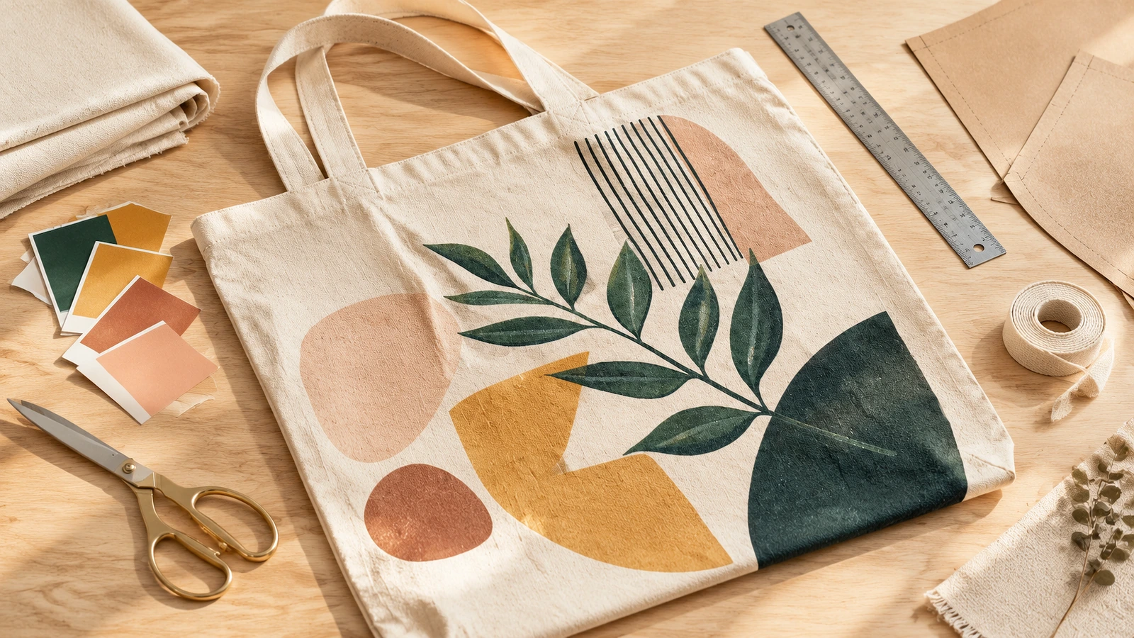 Yaprak ve geometrik desenli kanvas tote çanta, renk örnekleri, makas ve cetvelin yanında