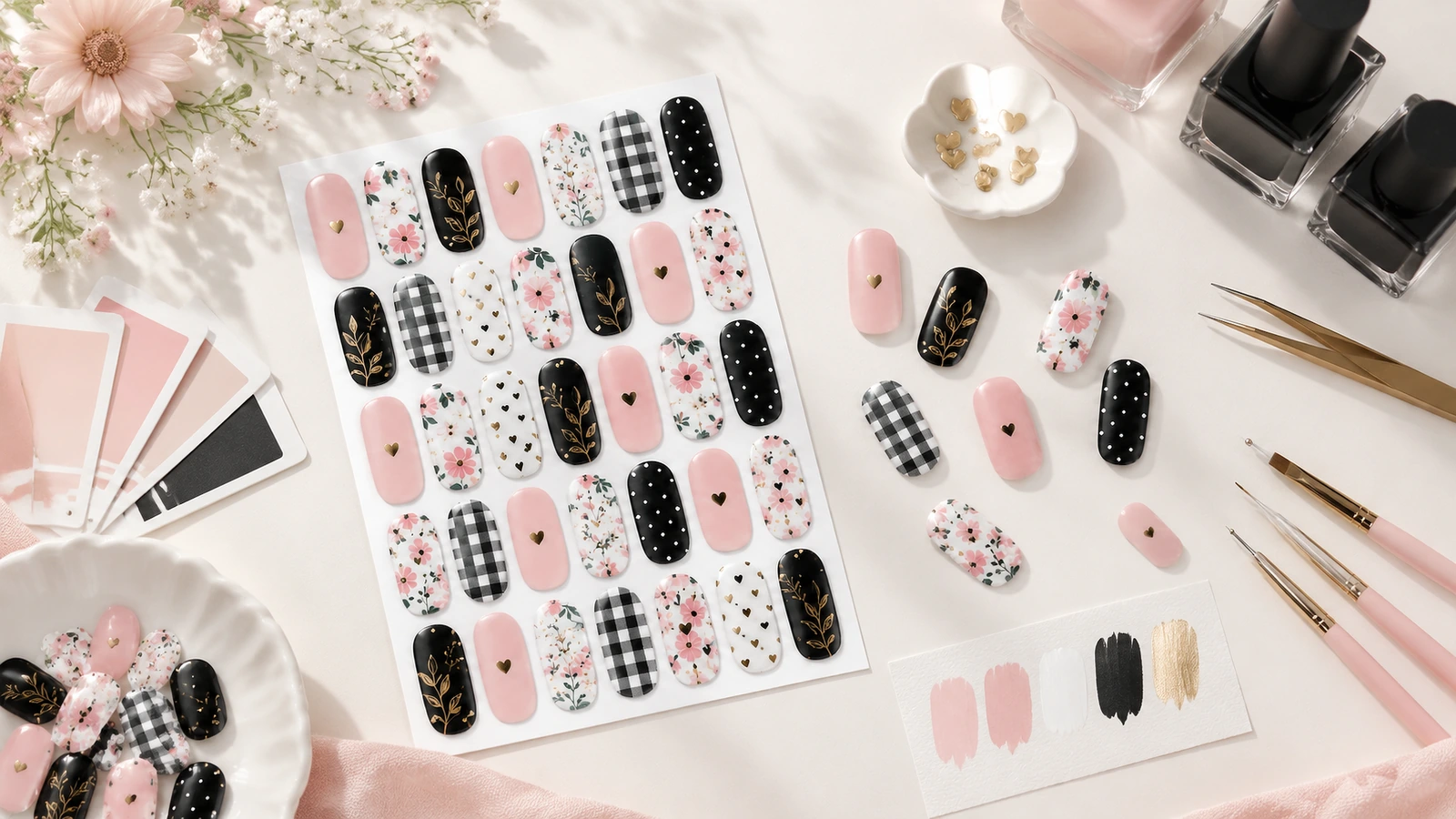Pembe, siyah, çiçek ve kareli (gingham) desenli tırnak tasarım tabakası, oje şişeleri ve araçların yanında