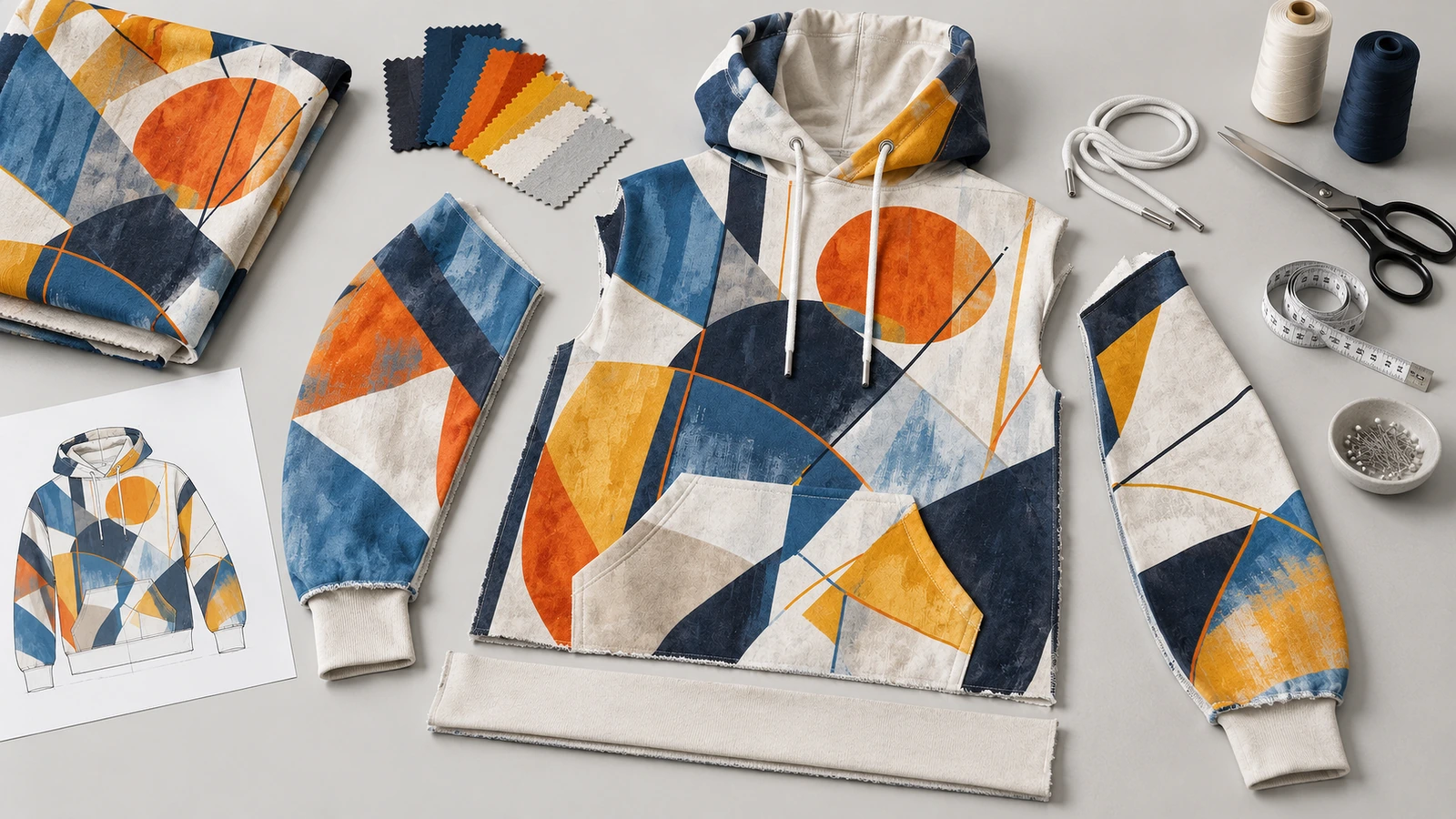 Geometrik baskılı çekmeli kapüşonlu sweatshirt; eşleşen kumaş parçaları, kumaş örnekleri, büzgü ipleri ve dikiş araçlarıyla
