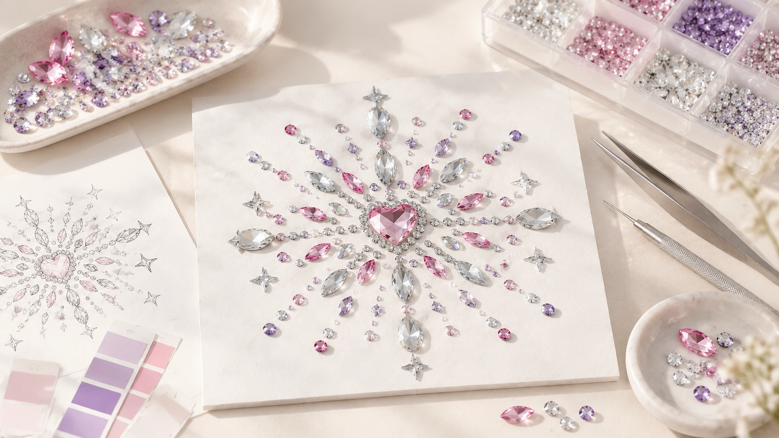 Kalp merkezli rhinestone motifi ve tasarım malzemeleri Beyaz bir levha üzerinde, kalp biçimli merkezli pembe, mor ve şeffaf rhinestone motifi; yanında tasarım eskizi, renk örnekleri ve araçlar