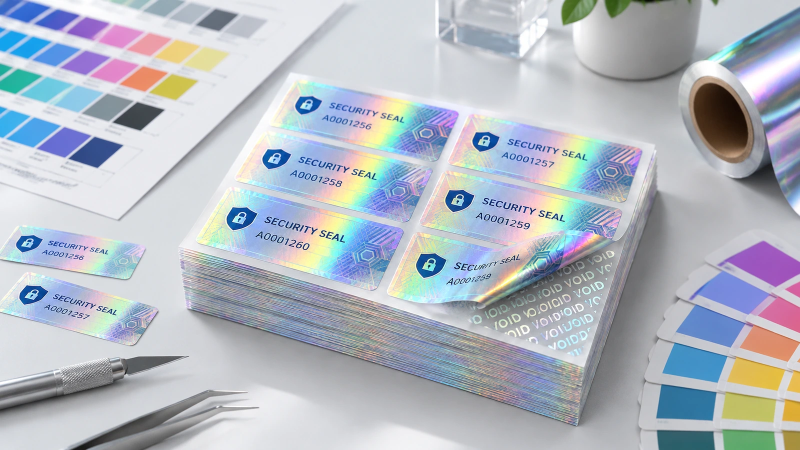 Renk örneklerinin yanında istiflenmiş holografik güvenlik etiketi tabakaları; bir köşesi soyulmuş ve VOID deseni görünüyor