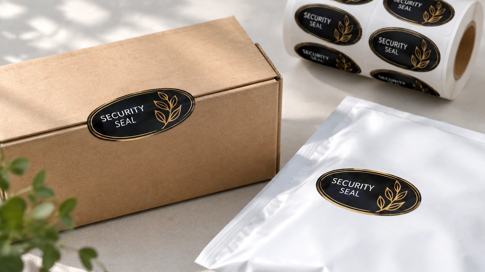 Kraft kutu ve beyaz poşet üzerinde gösterilen eşleşen oval güvenlik etiketi tasarımları Kraft kutu ve beyaz poşet üzerinde gösterilen eşleşen oval güvenlik etiketi tasarımları