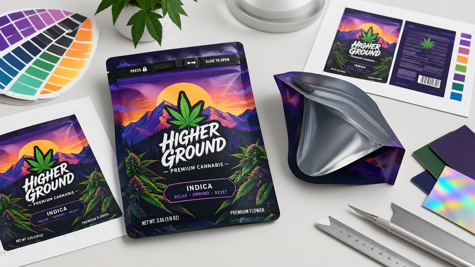 Baskılı grafikler, renk örnekleri ve iç kısmını gösteren açık bir poşetin yanında duran, kannabis temalı mor poşetler