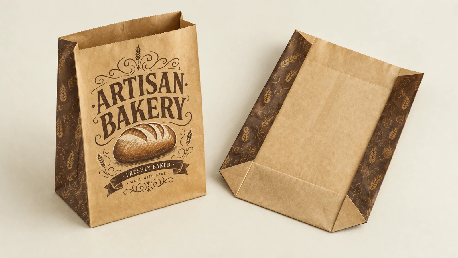 Fırın kağıt torbasının ön ve arka görünümleri Desenli yan panelleri olan kahverengi ARTISAN BAKERY kağıt torbaların ön ve arka görünümleri
