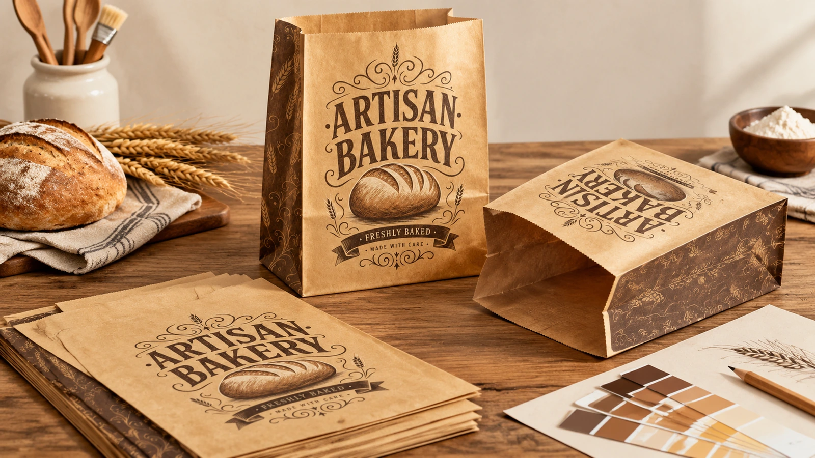 Fırın poşeti gerekliliklerini gıda ve paket servis senaryosuyla eşleştirin Hamur işlerinin yanında baskılı kâğıt poşet numuneleri bulunan örnek fırın satın alma sahnesi