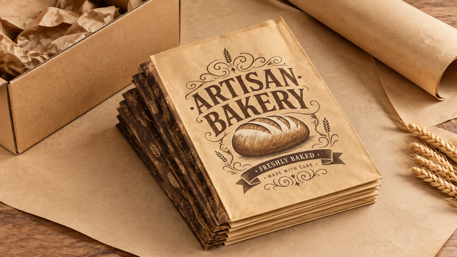 Düz fırın torbaları ve paketleme malzemeleri Karton kutu, paketleme kağıdı ve buğdayın yanında düz ARTISAN BAKERY torbalarından oluşan yığın