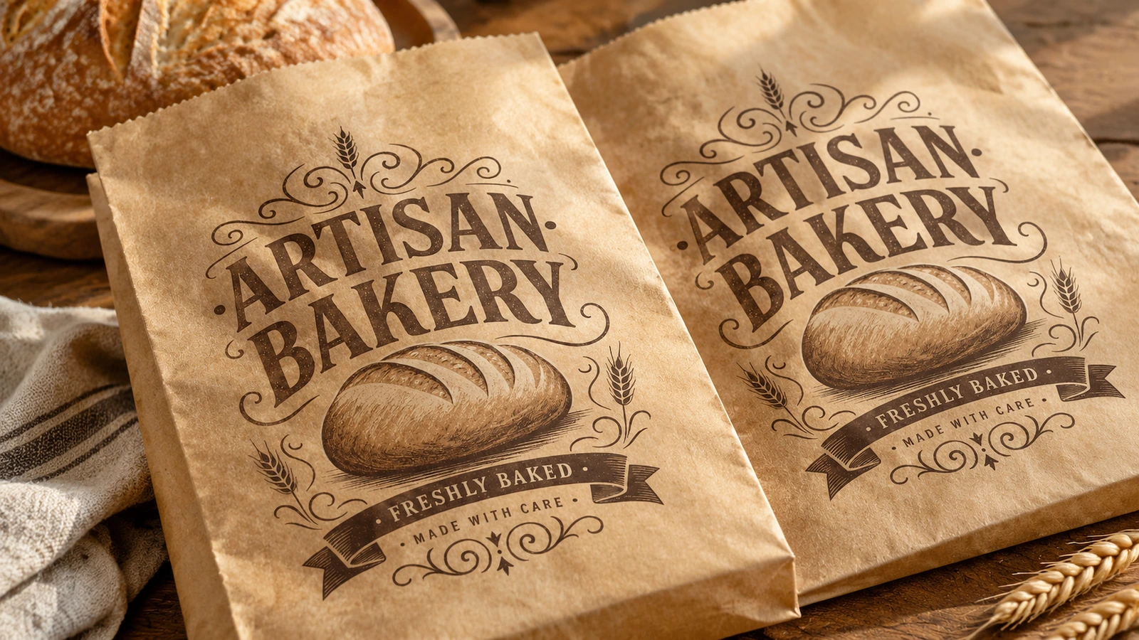 Ekmeğin yanındaki fırın torbaları Ekmek ve buğdayın yanında iki kahverengi ARTISAN BAKERY torbası