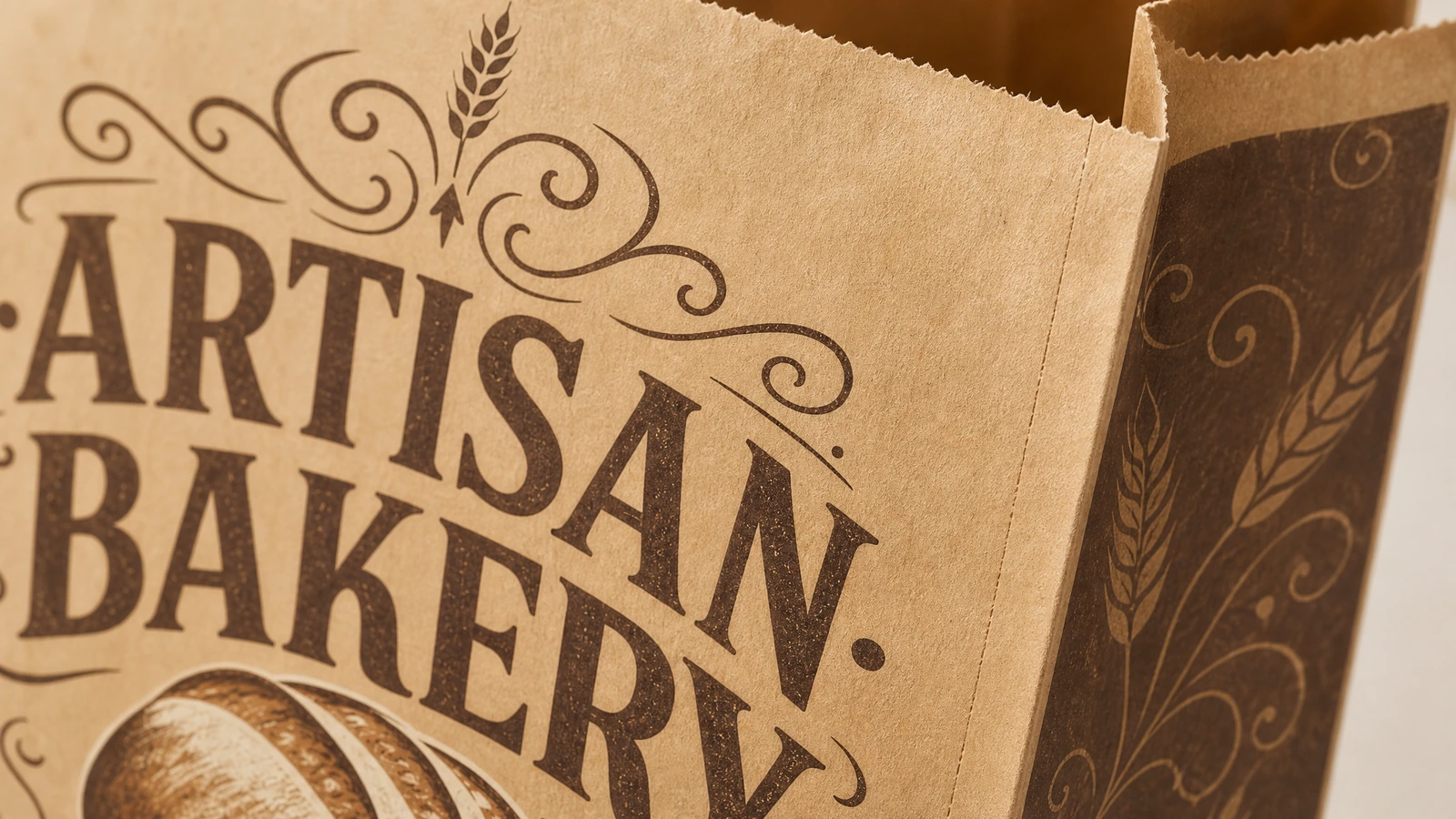 Fırın torbası baskısı ve dişli ağız detayı ARTISAN BAKERY baskısının ve dişli torba ağzının yakın çekimi