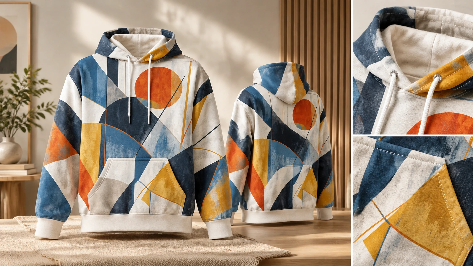 Kapüşonun ve cebin yakın çekimleriyle geometrik kapüşonlu sweatshirtin ön ve arka görünümleri