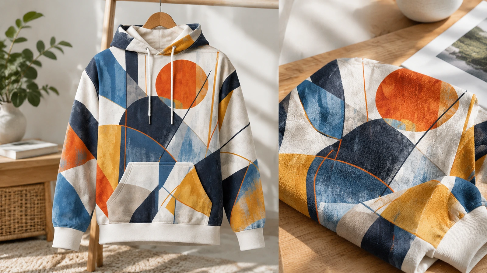 Askılıkta asılı geometrik kapüşonlu sweatshirt ile baskılı kolun yakın çekimi
