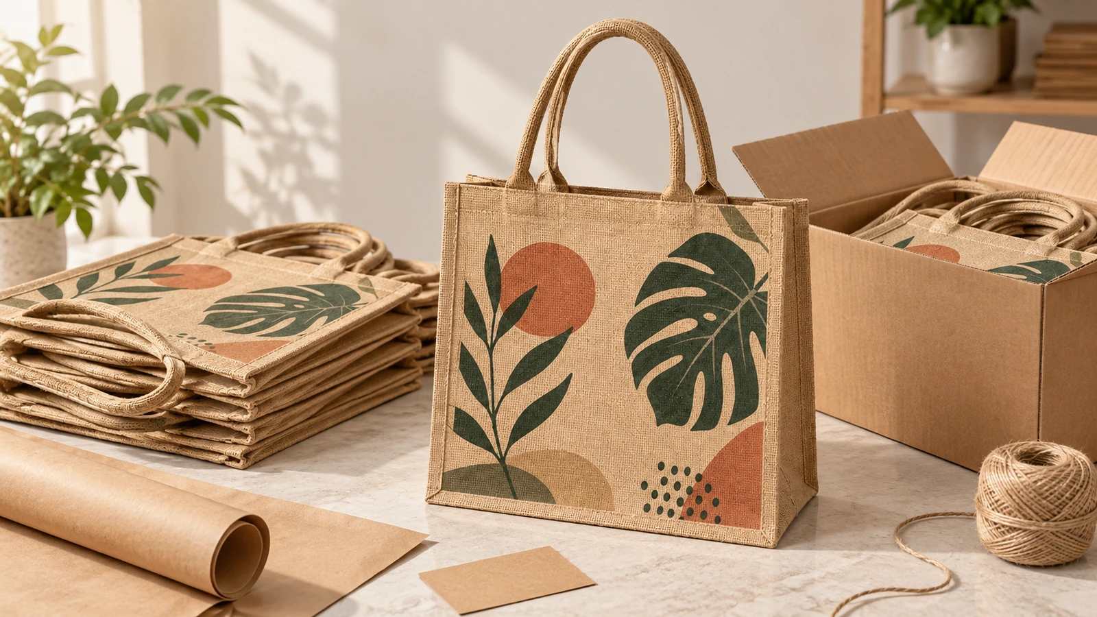 Açık bir koli, kraft kağıdı ve sicim yanında istiflenmiş ve paketlenmiş baskılı jüt çantalar