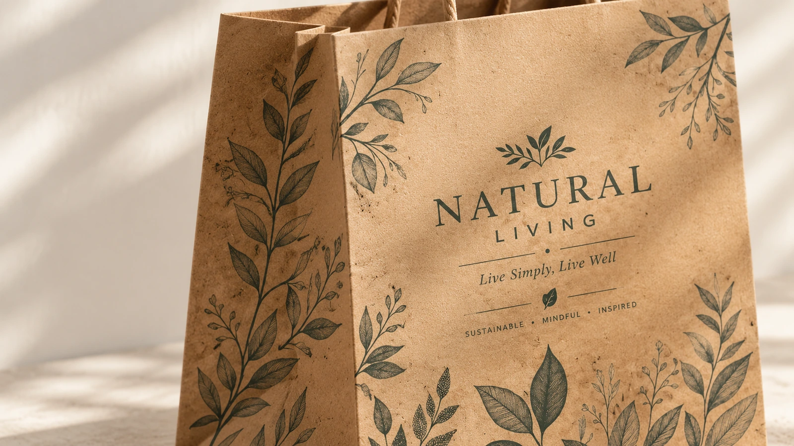 Yapraklarla baskılı ve NATURAL LIVING yazısı bulunan kahverengi kağıt çantanın yakın çekimi