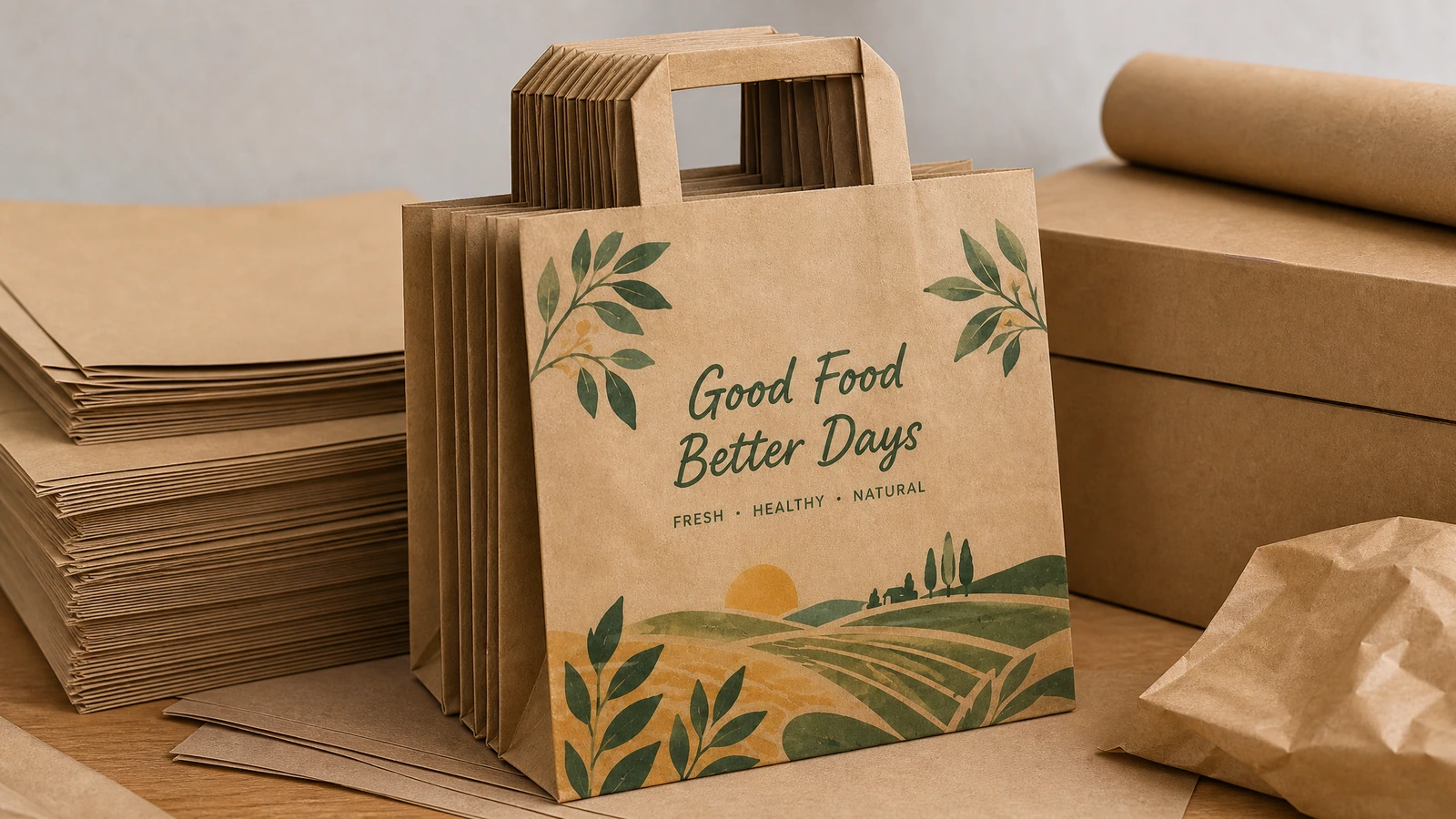 Düz saplı kağıt çantalar ve Good Food Better Days grafikleri, paketleme kutularının yanında