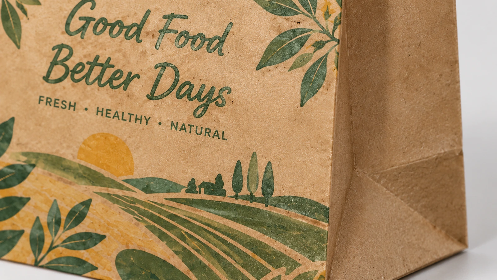 Baskılı kahverengi kağıt yüzeyi Kahverengi kağıt üzerindeki Good Food Better Days yazısı ve kır manzarası grafiklerinin yakın çekimi