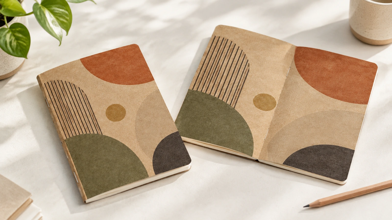 Örnek kapalı kraft defter ve açılmış geometrik desenli kapak