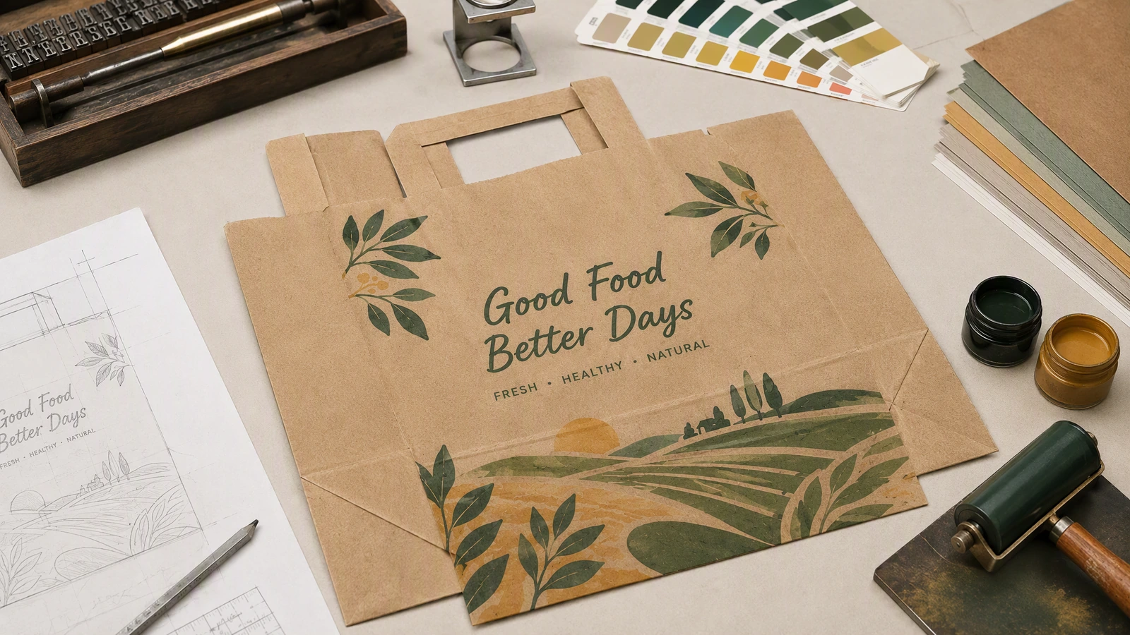 Düz tutamaklı torba tasarımı ve baskı malzemeleri Çizim, mürekkepler ve renk örnekleri yanında Good Food Better Days tasarımlı düz kahverengi kağıt torba