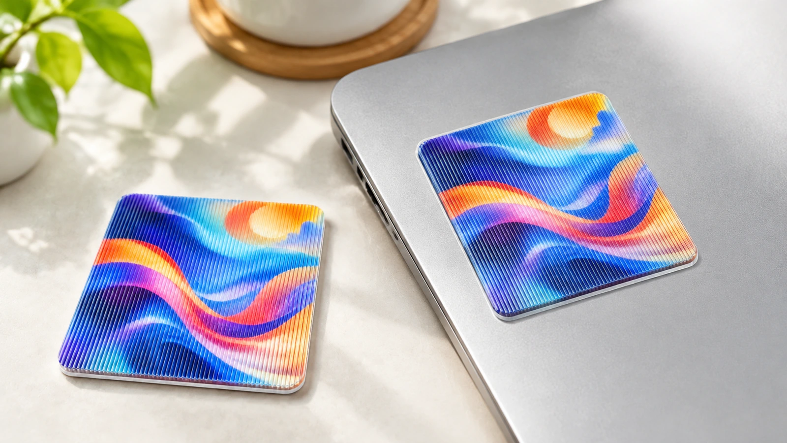 Masada ve kapalı bir dizüstü bilgisayarın yanında renkli kare lentiküler numuneler