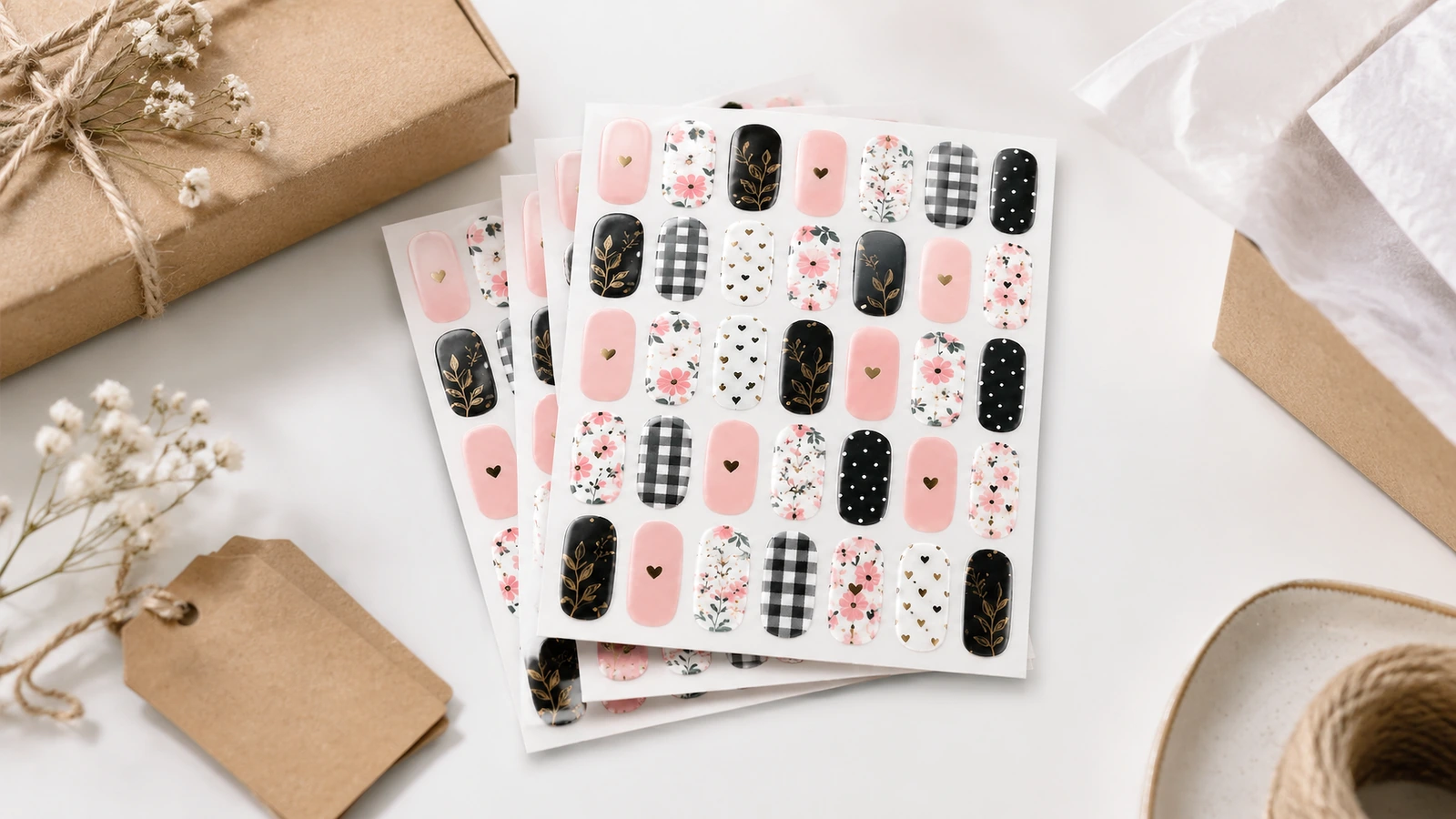 Kraft ambalaj ve ambalaj kağıdının yanında üst üste dizilmiş tırnak tasarım tabakaları
