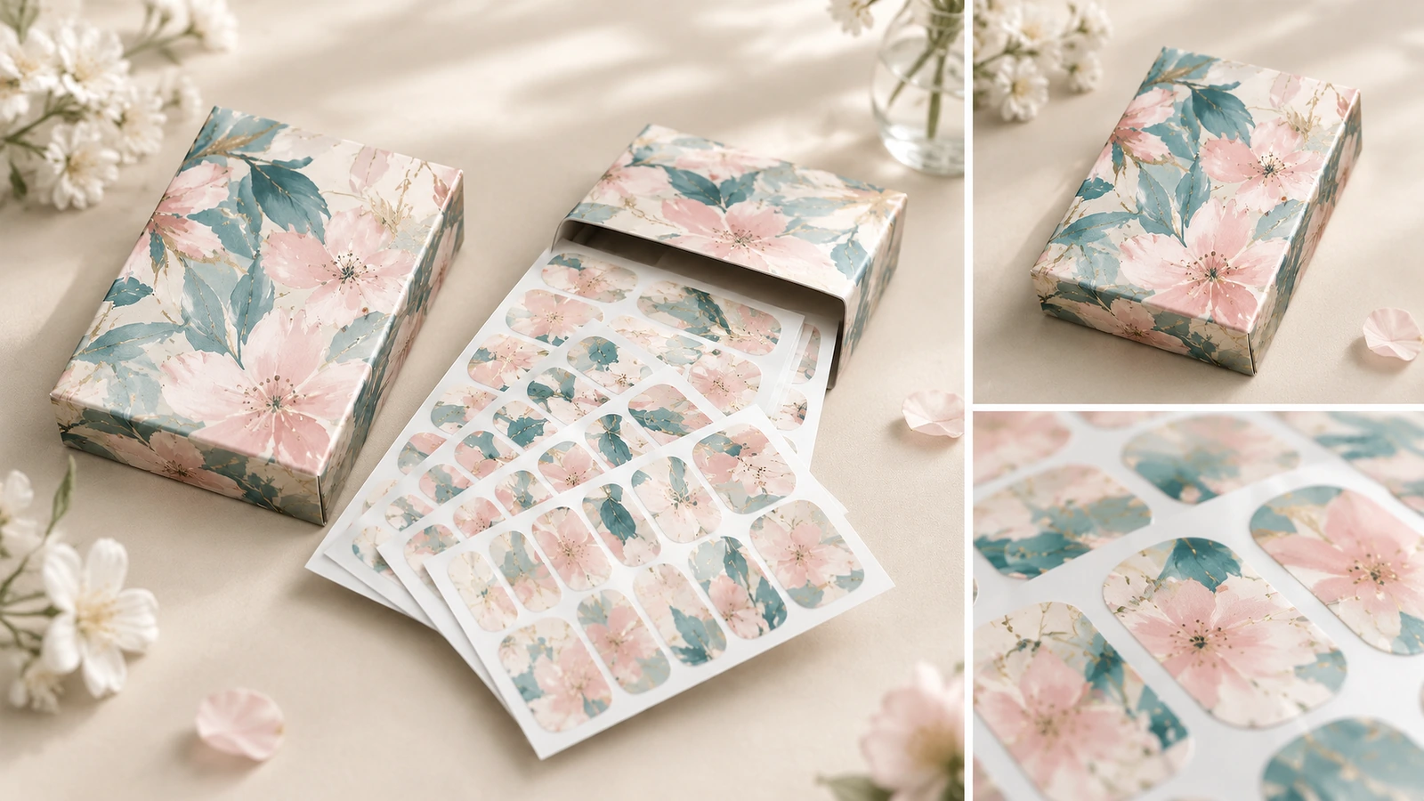 Çiçekli tırnak wrap ürünü ve ambalaj kolajı Çiçekli tırnak wrap sayfalarının kolajı, kapalı basılı kutu ve wrap detay yakın çekimleri