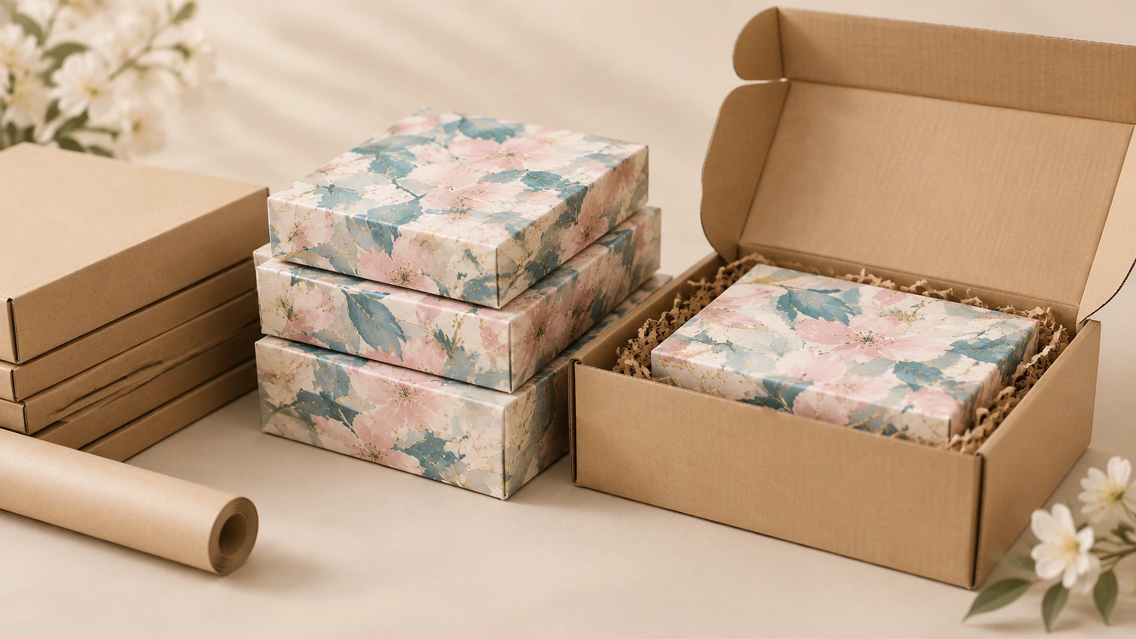 Tırnak wrap kutuları ve koruyucu postalık Açık kraft postalık ve koruyucu dolgu malzemesinin yanında üst üste dizilmiş çiçekli ürün kutuları