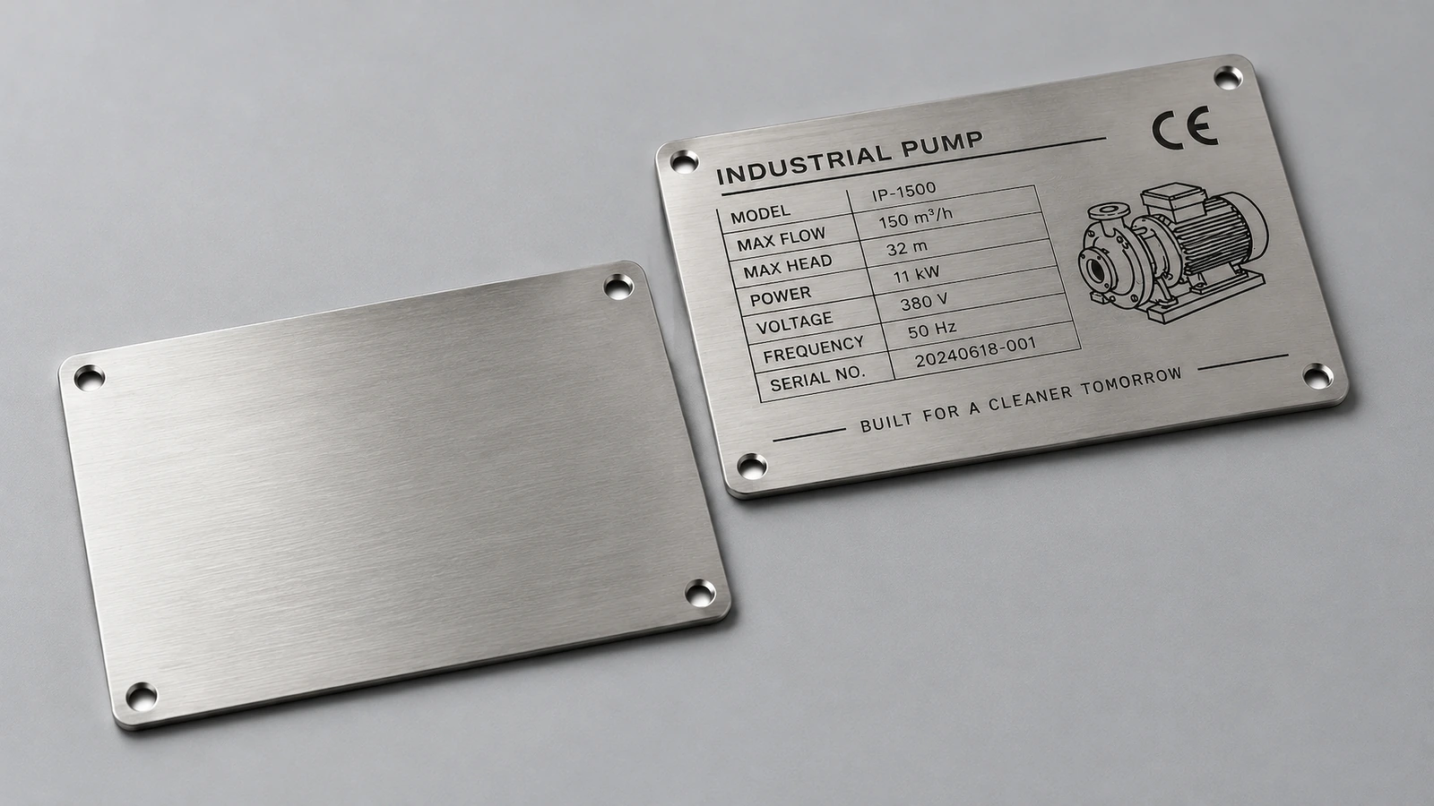 Her ikisinde de köşelerde dört montaj deliği bulunan, boş fırçalanmış metal plaka ile işaretlenmiş endüstriyel pompa künye plakasının yan yana durduğu görsel