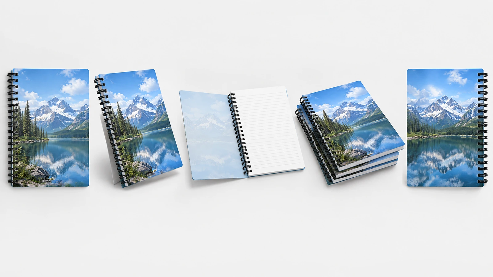 Defter formatı ve montaj görünümleri Kapalı, ayakta duran, açık ve üst üste yığılmış göl tasarımlı defterlerin örnek dizilimi