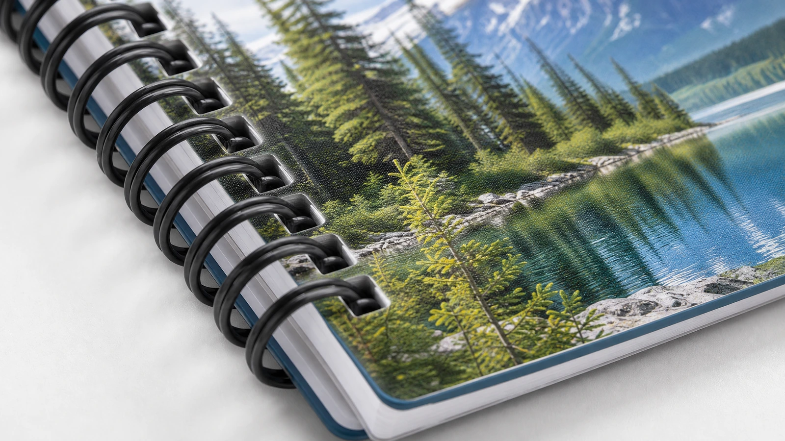Defter cildi ve kapak detayı Siyah defter cildinin ve baskılı dağ-göl kapağının yakın çekim örnek görseli