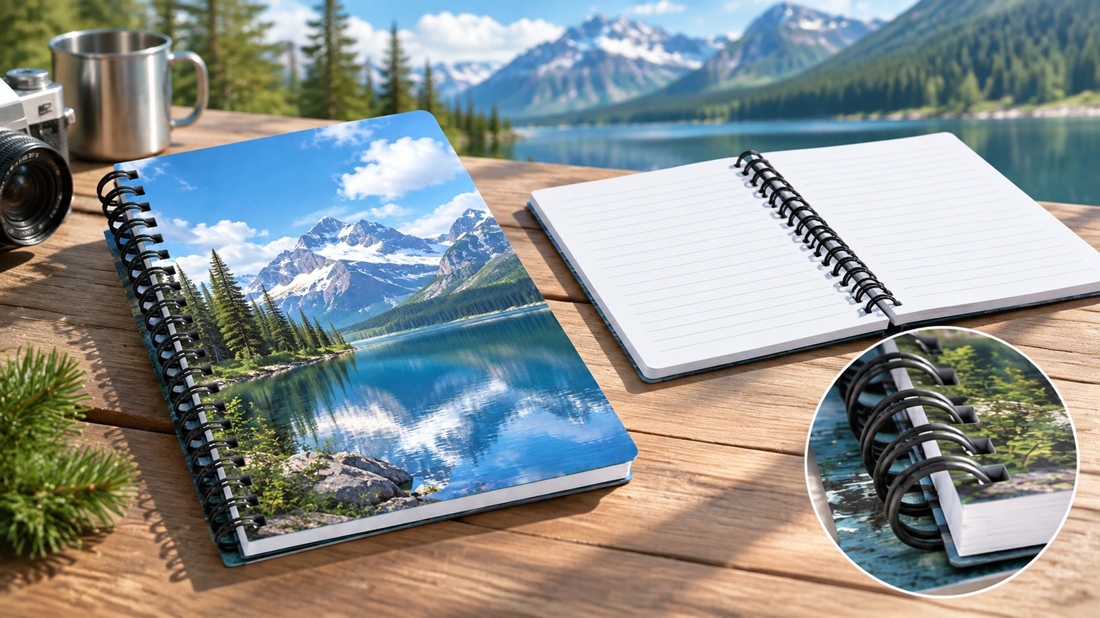 Defter kapağı, yazı sayfaları ve cilt detayı Açık havada, göl tasarımlı bir defter ile açık çizgili bir defterin yanında cilt detayını gösteren küçük bir kutulu örnek görsel