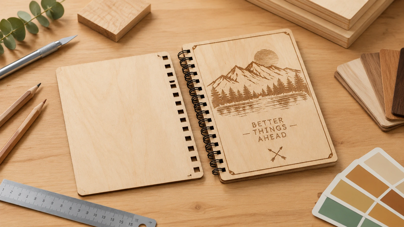 Gravürlü defter ve boş kapak Boş kapağın, cetvelin ve renk örneklerinin yanında dağ manzarası gravürü bulunan kontrplak defter