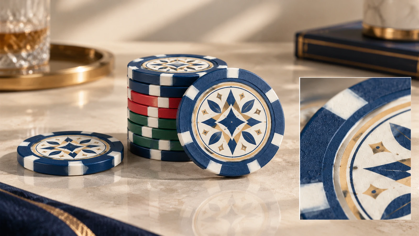 Geometrik desenli poker çiplerinin kolajı ve süslemeli yüzün yakın çekimi