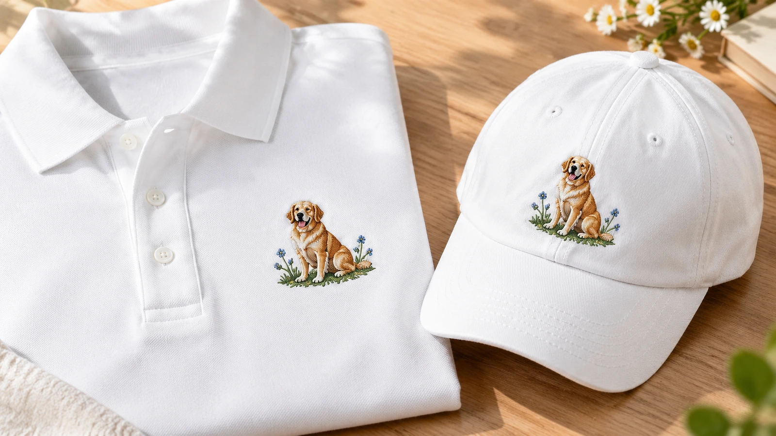 Eşleşen nakışlı polo ve şapka Ahşap masa üzerinde katlanmış beyaz polo ve köpek nakışlı eşleşen beyaz şapka