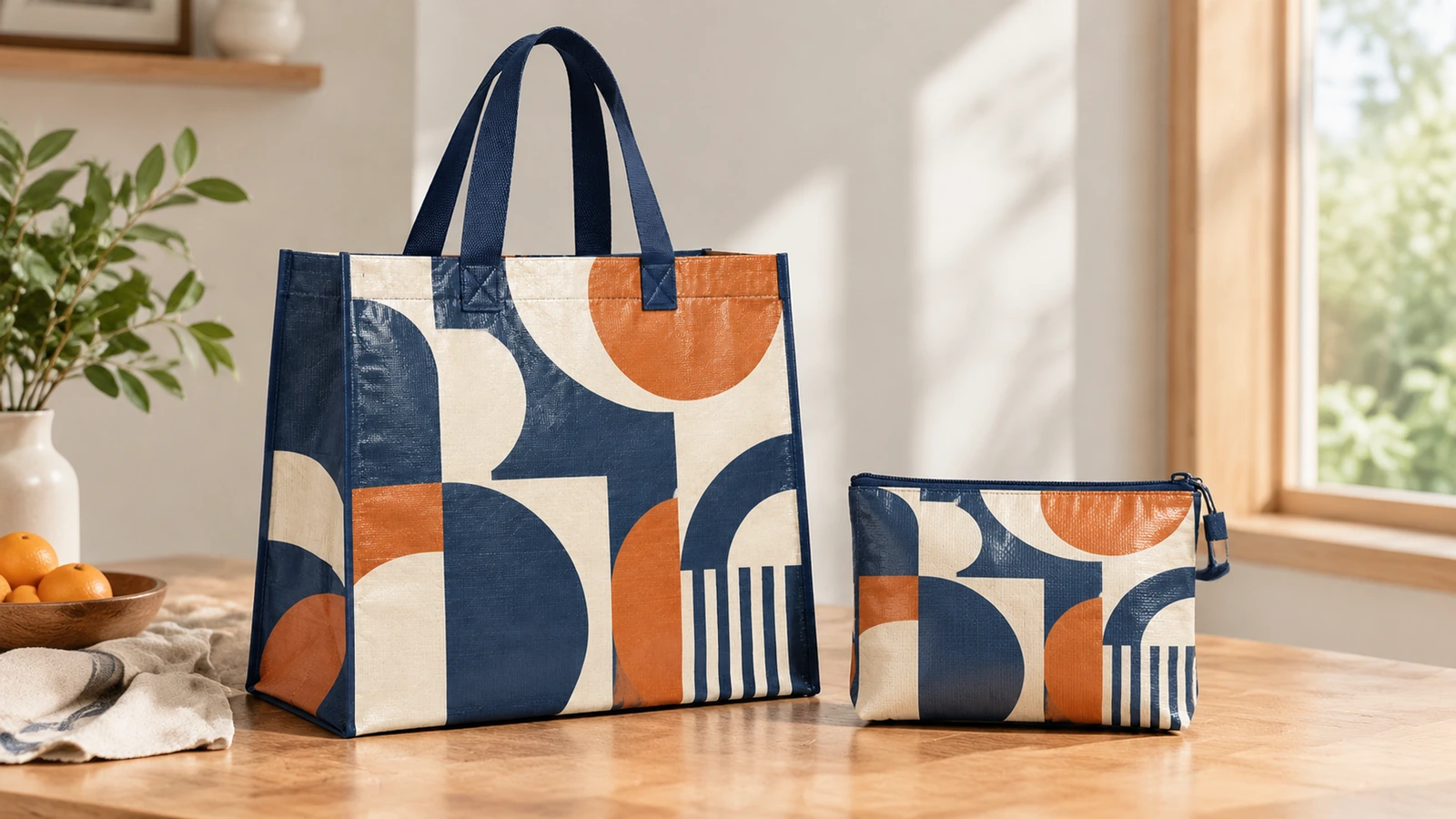 Ahşap bir masanın üzerinde geometrik desenli tote çanta ve uyumlu fermuarlı kese