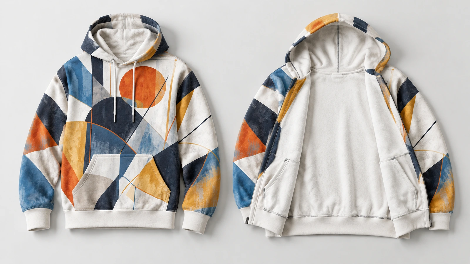 Baskılı dış ön yüzü gösterilen ve açık renkli iç yüzeyi ortaya çıkarılmış çekmeli kapüşonlu sweatshirt