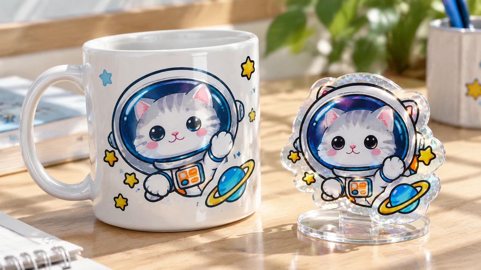 Kupa ve sergileme standında astronot kedi tasarımı Beyaz bir kupa üzerinde astronot kedi tasarımı; şeffaf bir standda sergilenen eşleşen kesim parçasının yanında