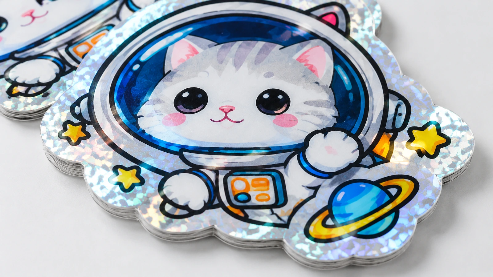 Astronot kedi çıkartma tasarımının yakın çekimi Parlak desenli kenarlıklı, yıldızlı ve mavi halkalı gezegenli üst üste yığılmış astronot kedi çıkartmalarının yakın çekimi