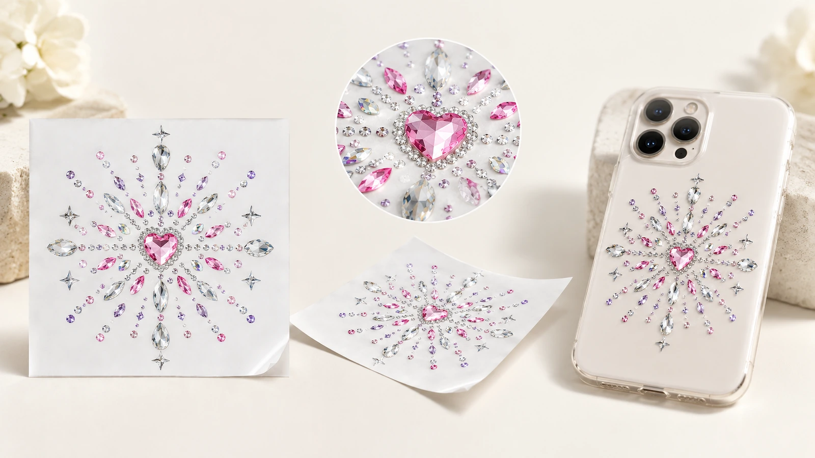 Rhinestone motif levhaları ve telefon kılıfı Beyaz levhalar ve şeffaf bir telefon kılıfı üzerinde kalp merkezli rhinestone motifleri; dairesel detay görseli ile birlikte