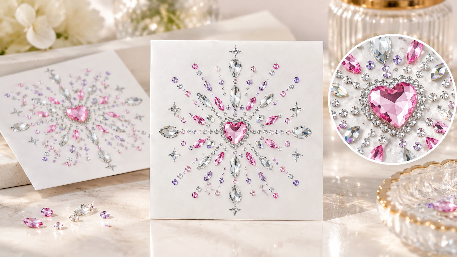 Rhinestone motif sergisi ve merkez detayı Beyaz levhalar üzerinde sergilenen kalp merkezli rhinestone motifleri; pembe merkez taşının dairesel yakın çekimi ile birlikte