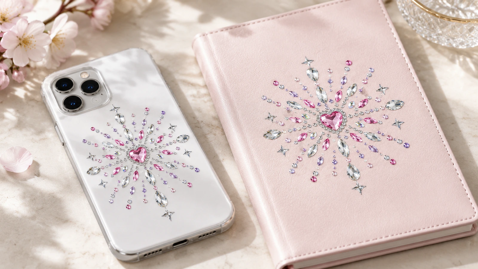 Telefon kılıfı ve defter üzerinde rhinestone motifleri Şeffaf bir telefon kılıfını ve pembe bir defteri süsleyen, eşleşen pembe kalp merkezli rhinestone motifleri
