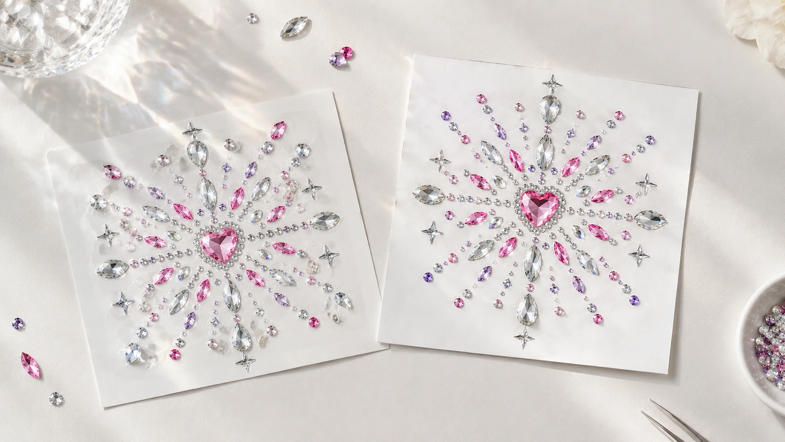 Beyaz levhalar üzerinde eşleşen rhinestone motifleri Pembe, mor ve şeffaf taşlı, beyaz levhalar üzerinde iki eşleşen kalp merkezli rhinestone motifi