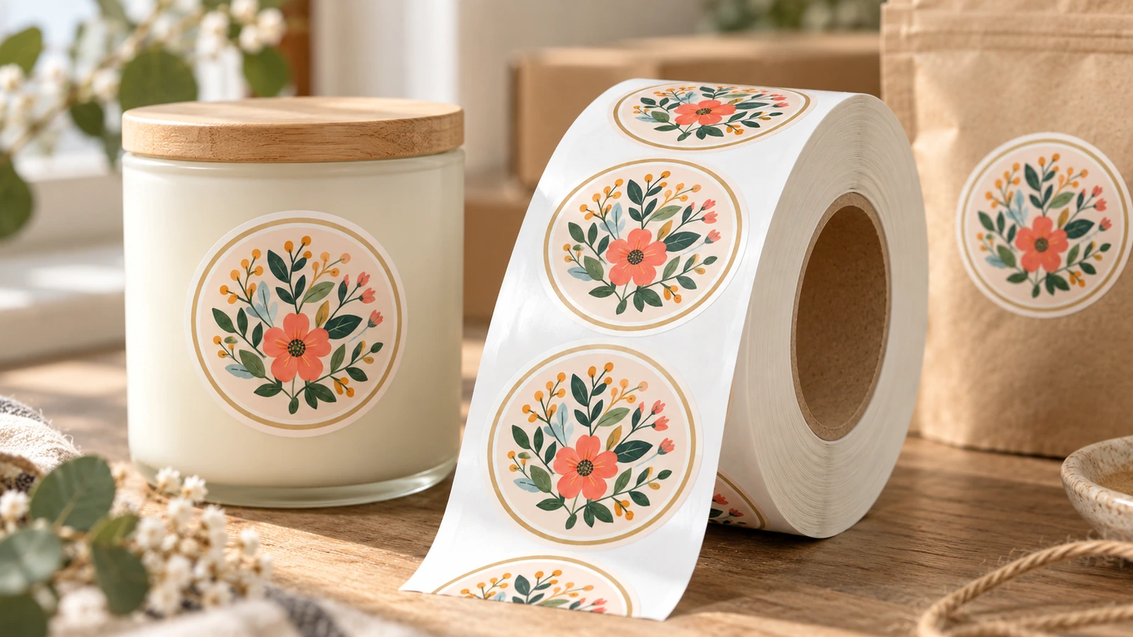 Bir mum kavanozunun ve eşleşen yuvarlak etiketleri taşıyan kraft poşetin yanında bir rulo çiçekli etiket