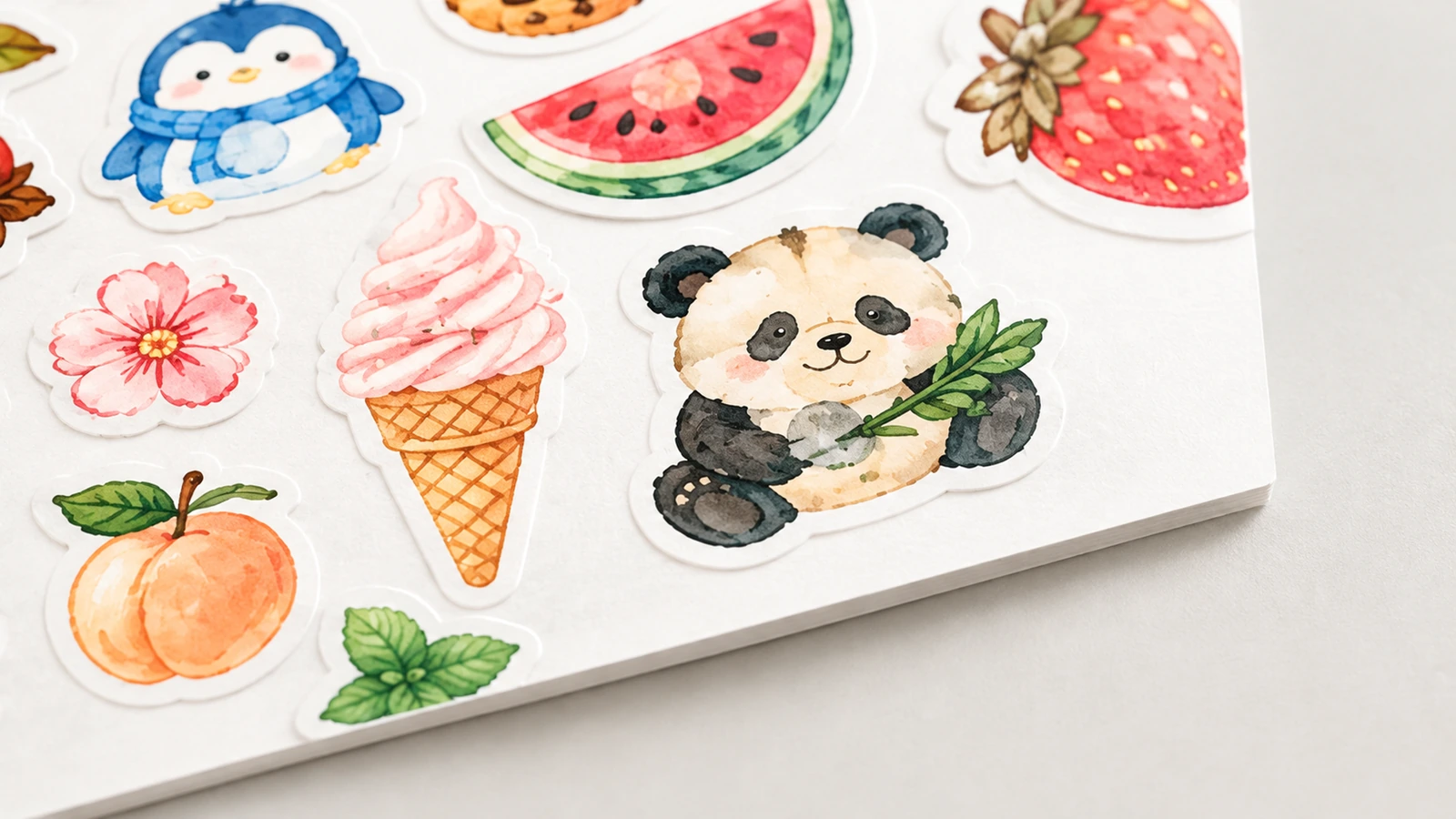 Panda, dondurma, meyve ve çiçek illüstrasyonları ile kesim kenarlarını gösteren bir çıkartma yaprağının yakın çekimi