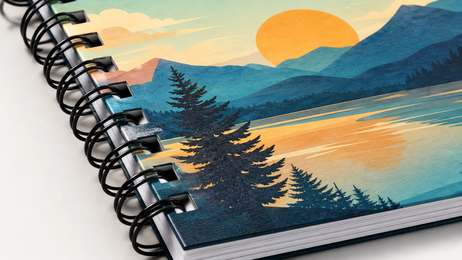 Defter ciltlemesi ve basılı kapak detayı Konsept yakın çekim: siyah defter ciltlemesi, yatay kapak tasarımı ve sayfa kenarları