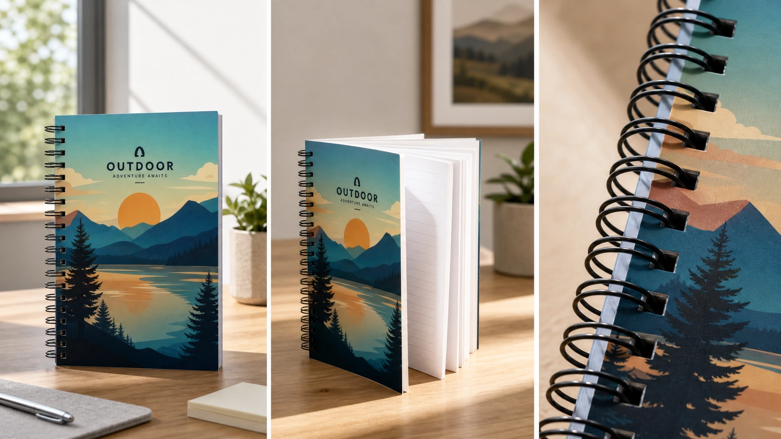 Defter formu, sayfalar ve ciltleme detayı Ayakta duran bir defteri, açık sayfa bloğunu ve ciltleme yakın çekimini gösteren kolaj konsepti